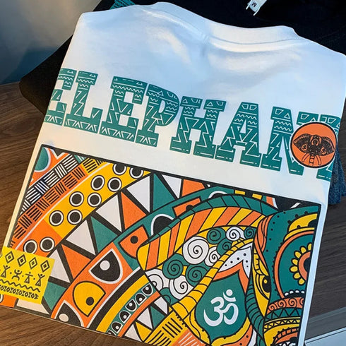 Premium Elephant Graphics Printed Tee with colorful elephant design and O-Neck collar.